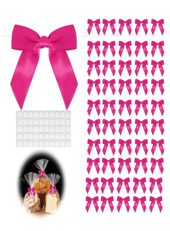 YONHTUTU 50pcs Hot Pink Twist Tie Bows, 3.5" Satin Ribbon Pre Tied Hot Pink Bow For Gifts Wrapping Treat Bags Candy Card, Mini Ribbon Bows for Crafts Wedding Bridal Baby Shower Birthday Valentine's Day Bouquet - Image 1